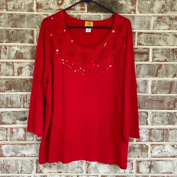 Ruby Road Red Rosette Sequin  Scoop Neck Sweater - Picture 1 of 9